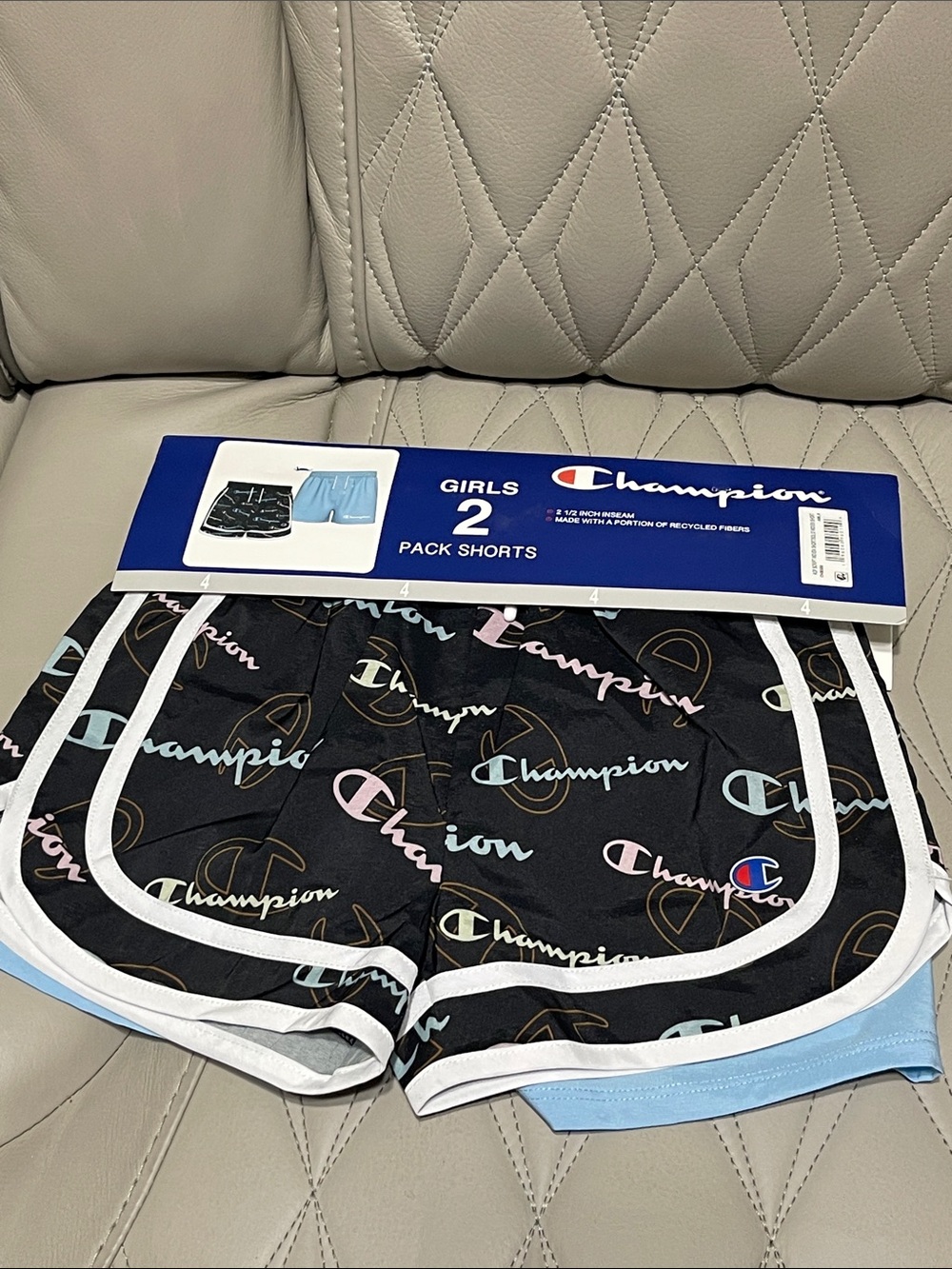 Champion Girls Black Shorts with Pastel Logo Print and Light Blue Pair - 2 Pack